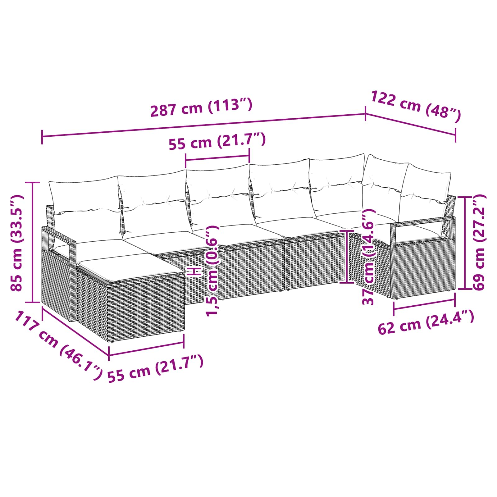 Ensemble de Canapés avec coussin 7 pcs Marron polyrotin