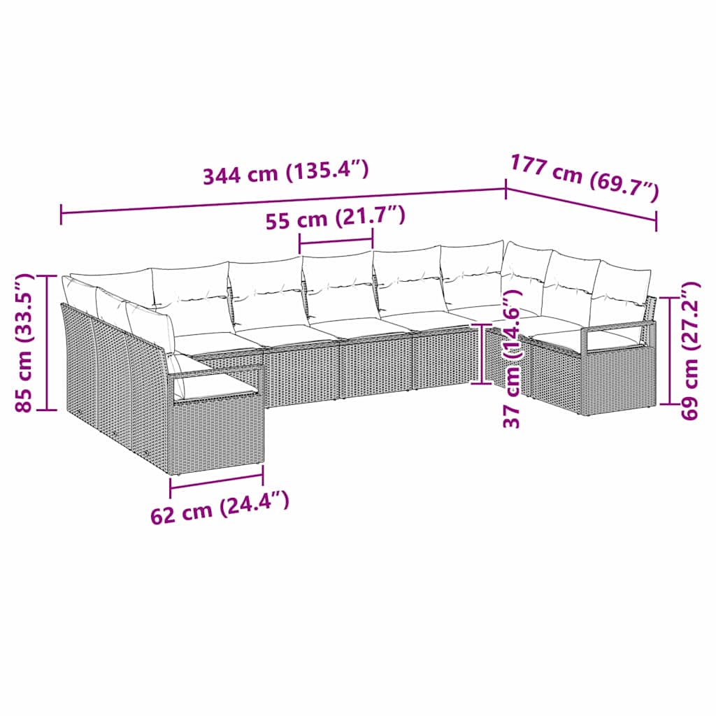Ensemble de Canapés avec coussin 10 pcs Marron polyrotin