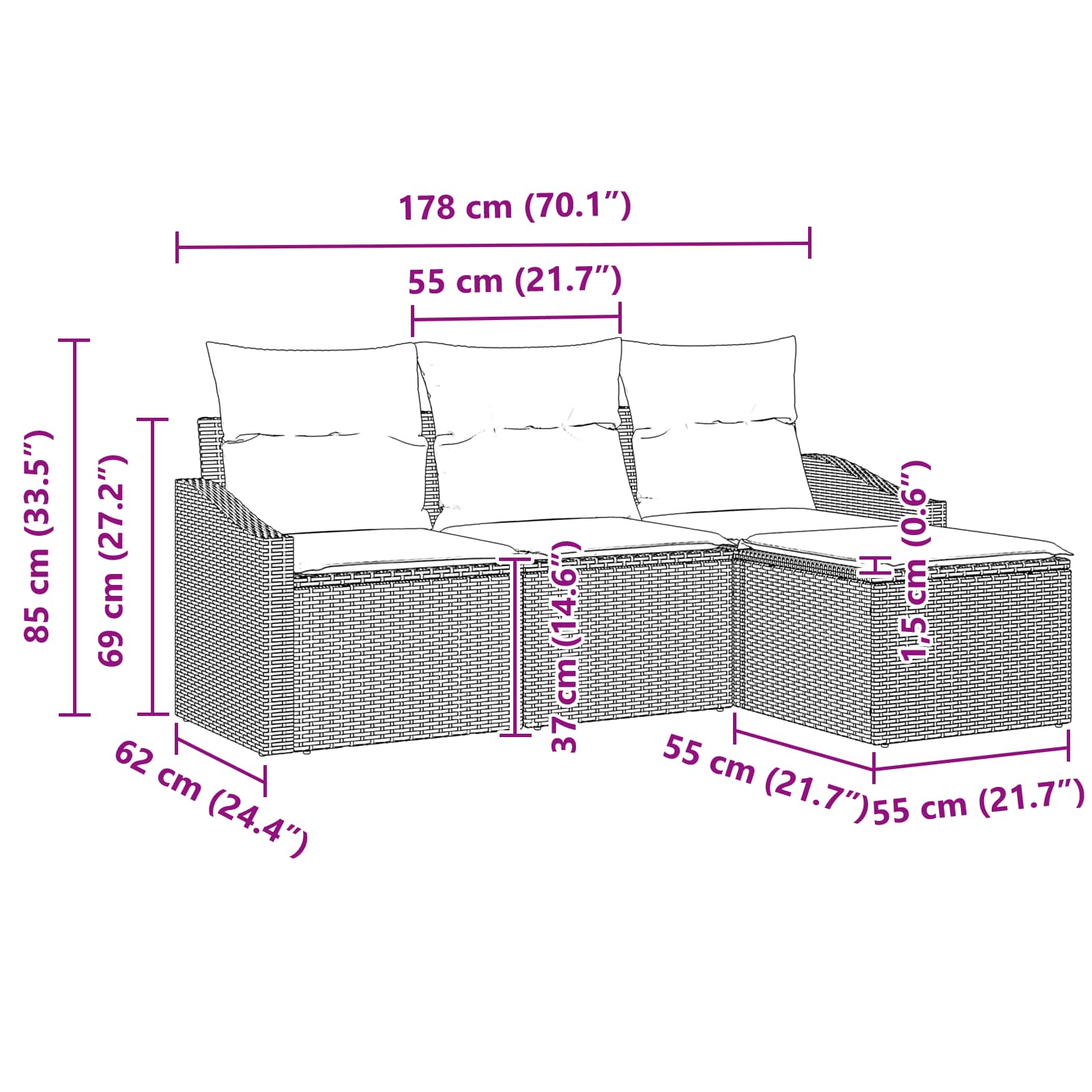 Ensemble de Canapés avec coussin 4 pcs Noir polyrotin