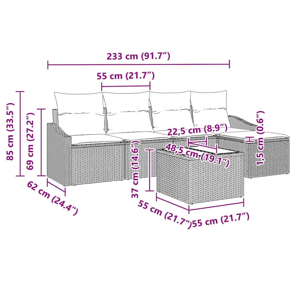Ensemble de Canapés avec coussin 6 pcs Gris polyrotin