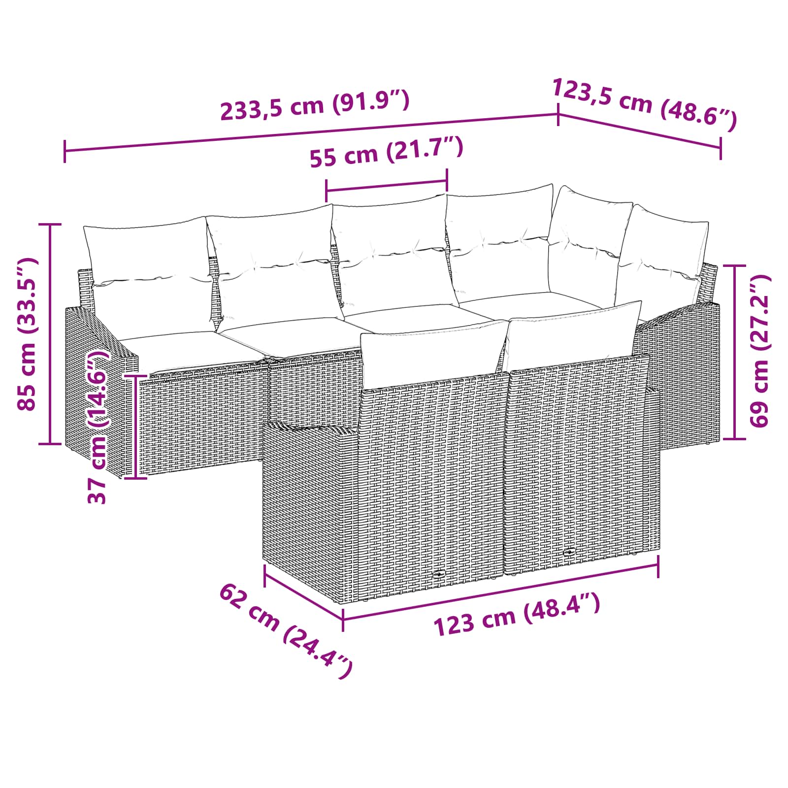 Ensemble de Canapés avec coussin 7 pcs Noir polyrotin