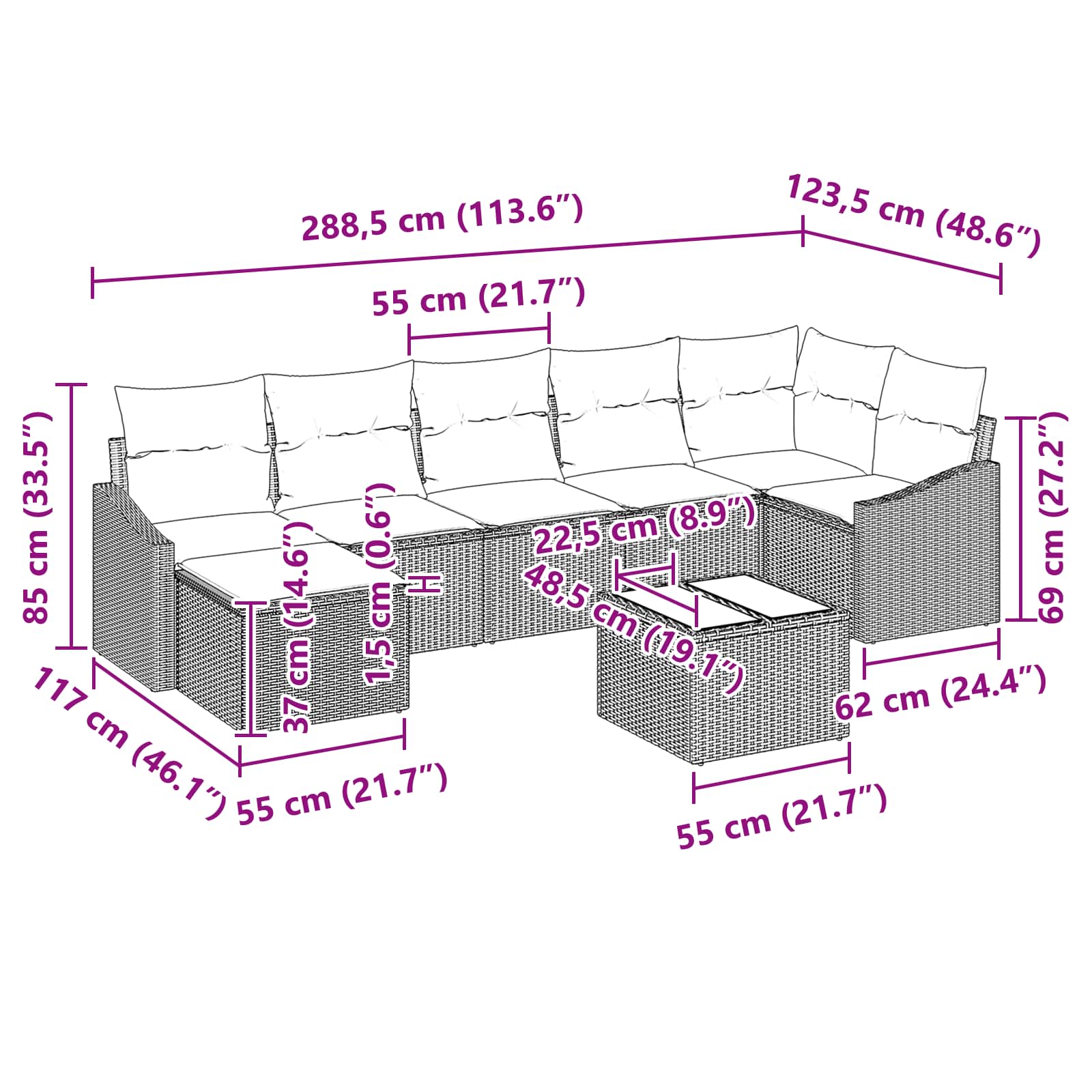 Ensemble de Canapés avec coussin 8 pcs Noir polyrotin
