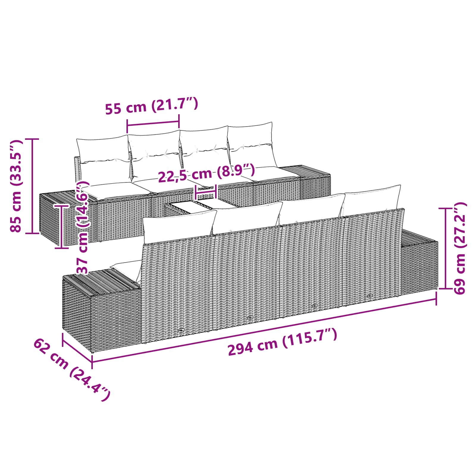 Ensemble de canapé de jardin 9 pcs Marron polyrotin