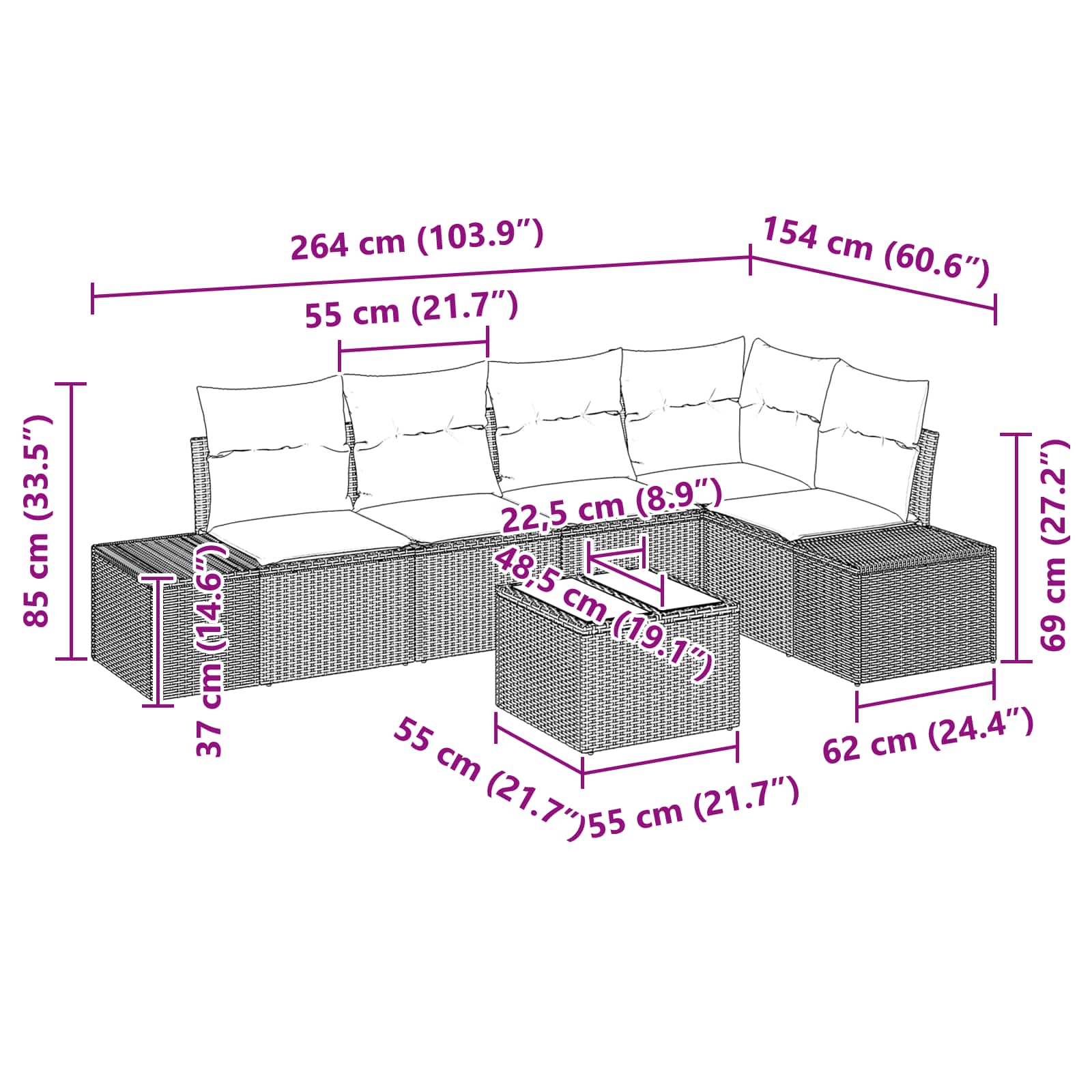 Ensemble de canapé de jardin 6 pcs Marron polyrotin