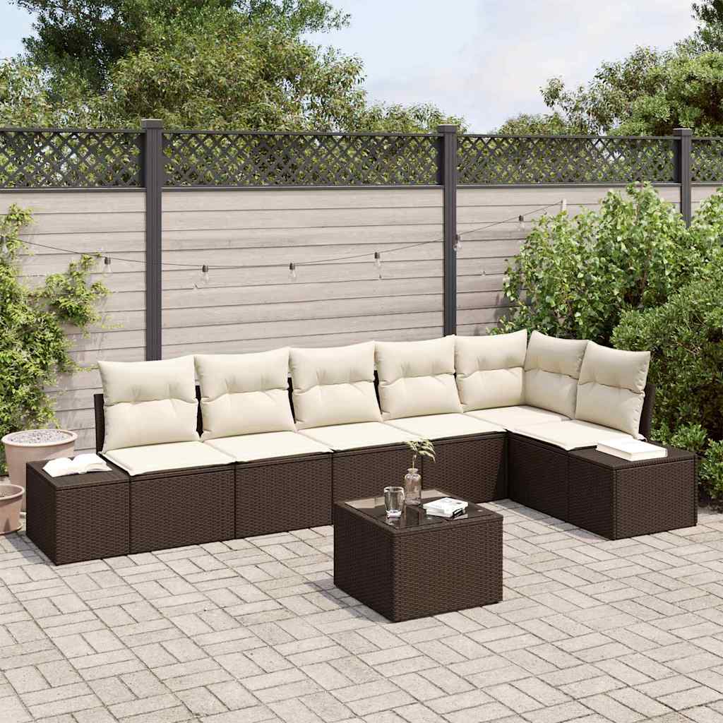 Ensemble de canapé de jardin 7 pcs Marron et Crème polyrotin