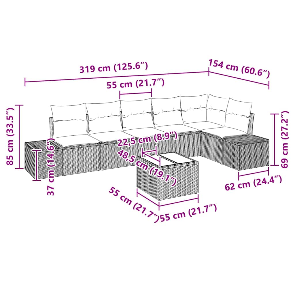 Ensemble de canapé de jardin avec coussin 7 pcs Noir polyrotin