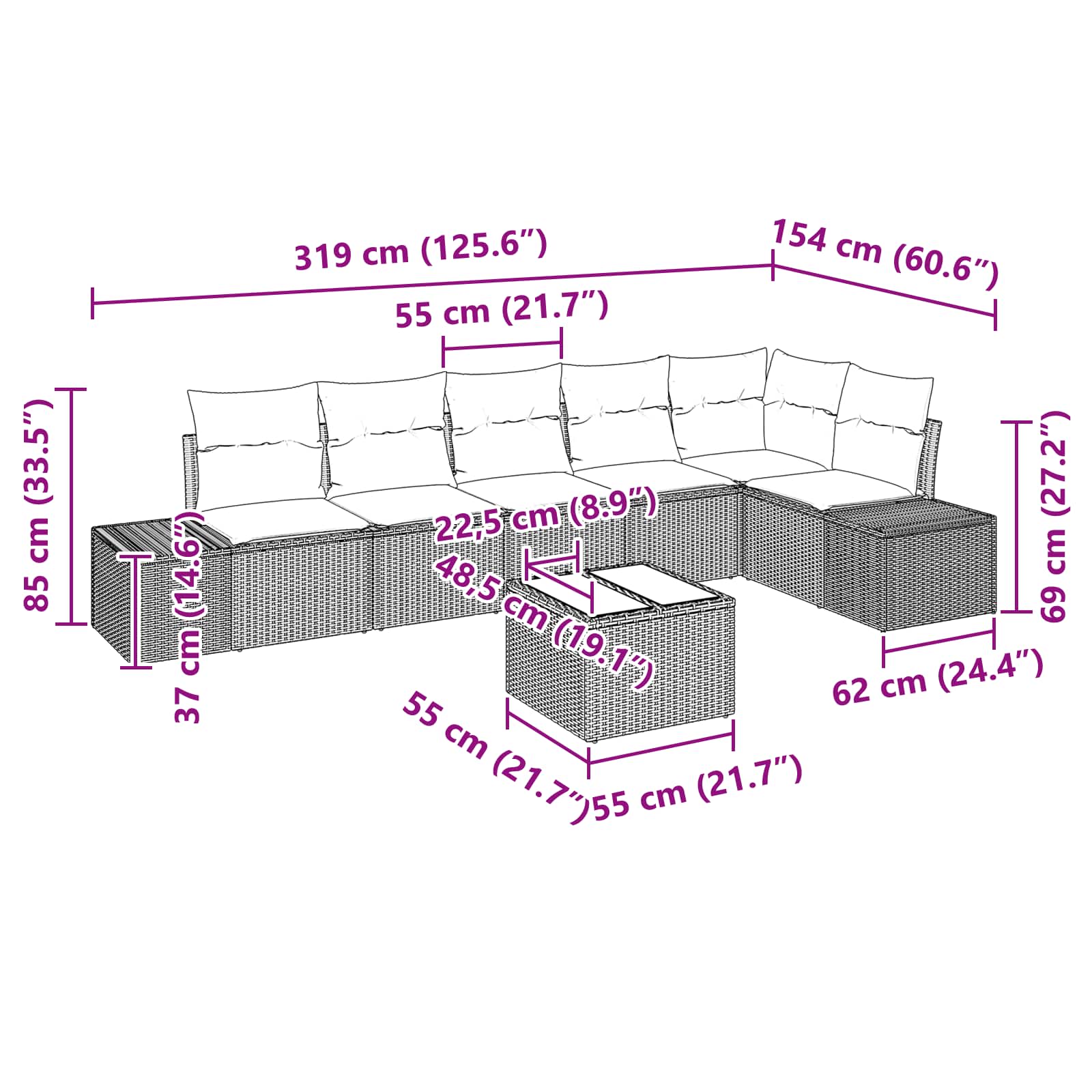 Ensemble de canapé de jardin 7 pcs Marron polyrotin