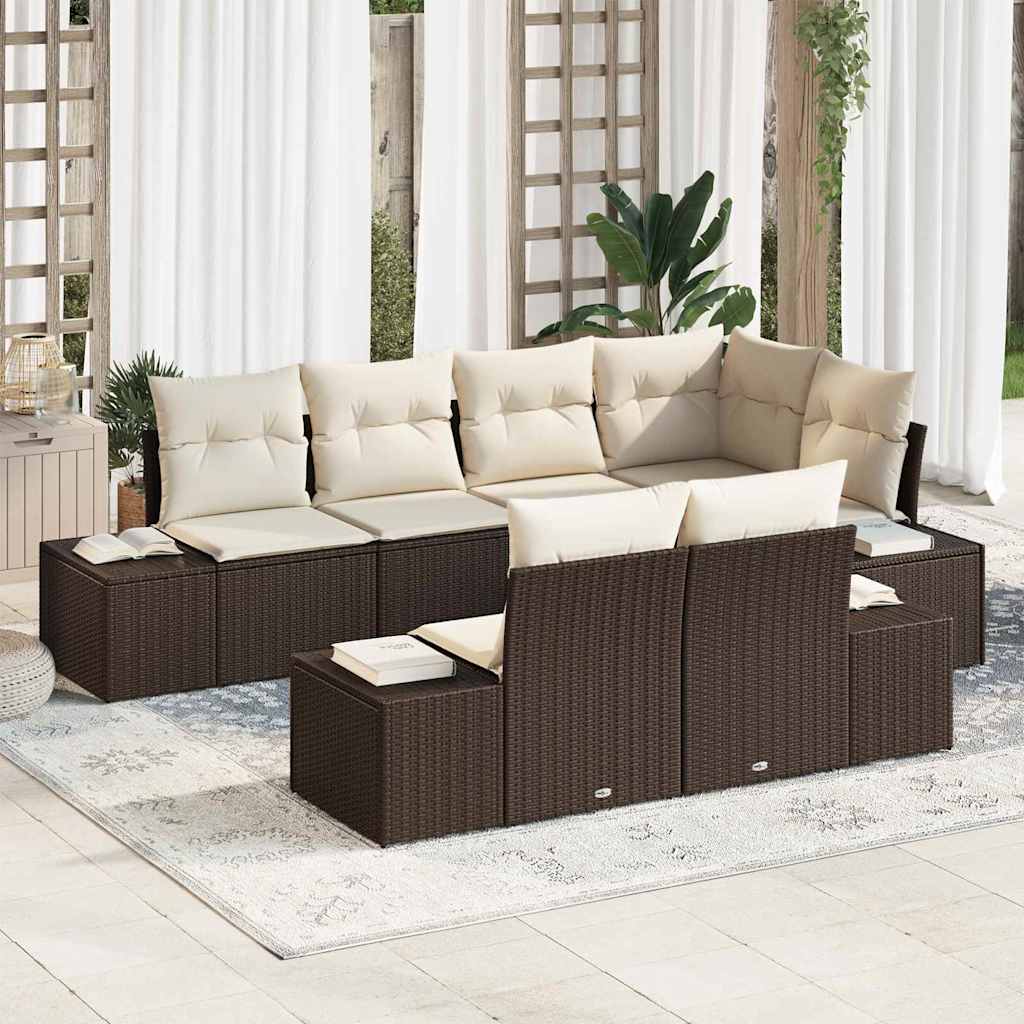 Ensemble de canapé de jardin 7 pcs Marron et crème Poly rotin