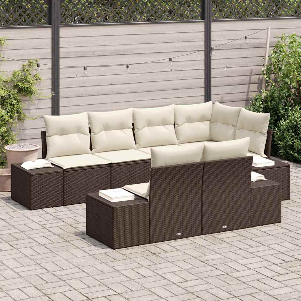Ensemble de canapé de jardin 7 pcs Marron et crème Poly rotin