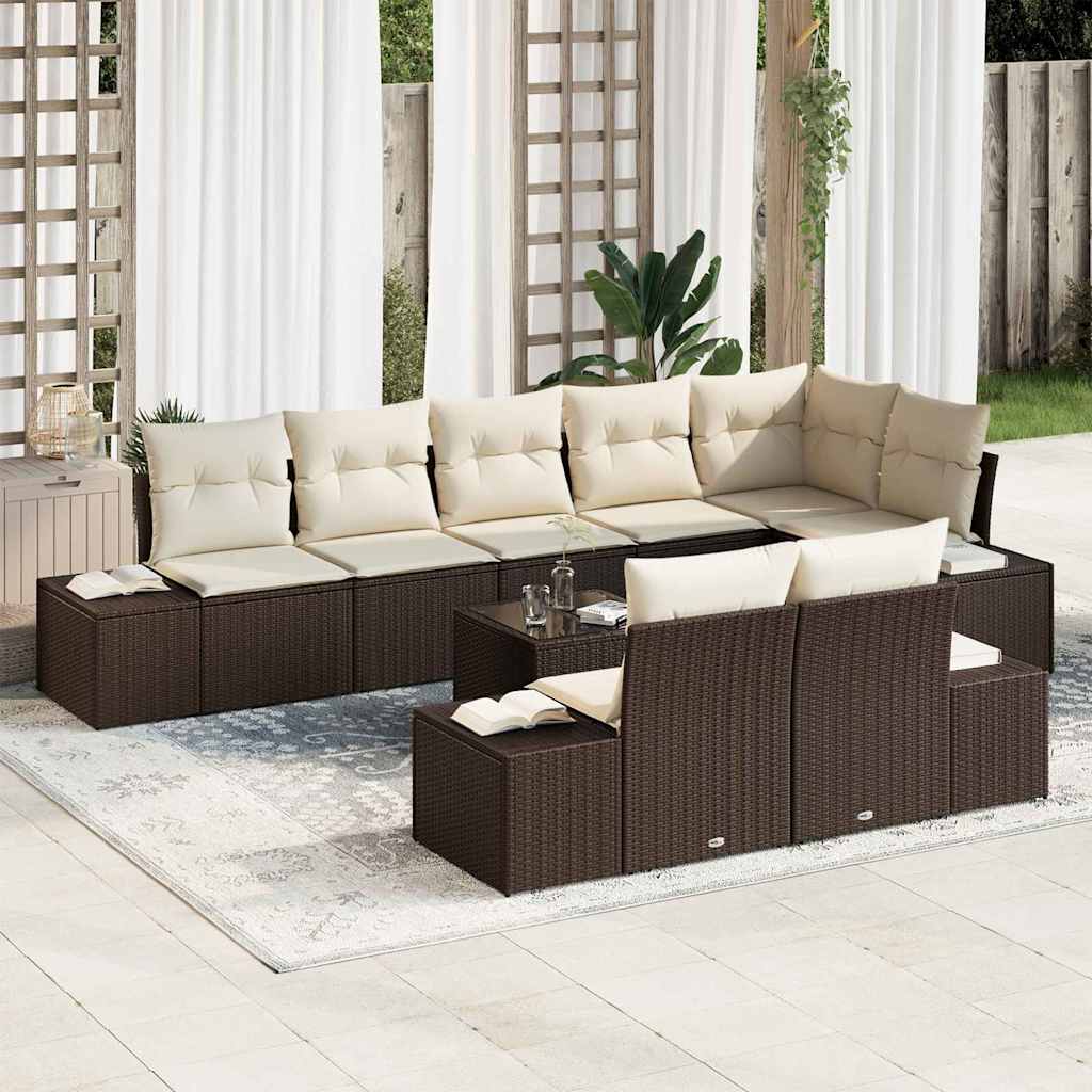 Ensemble de canapé de jardin 9 pcs Marron et Crème polyrotin