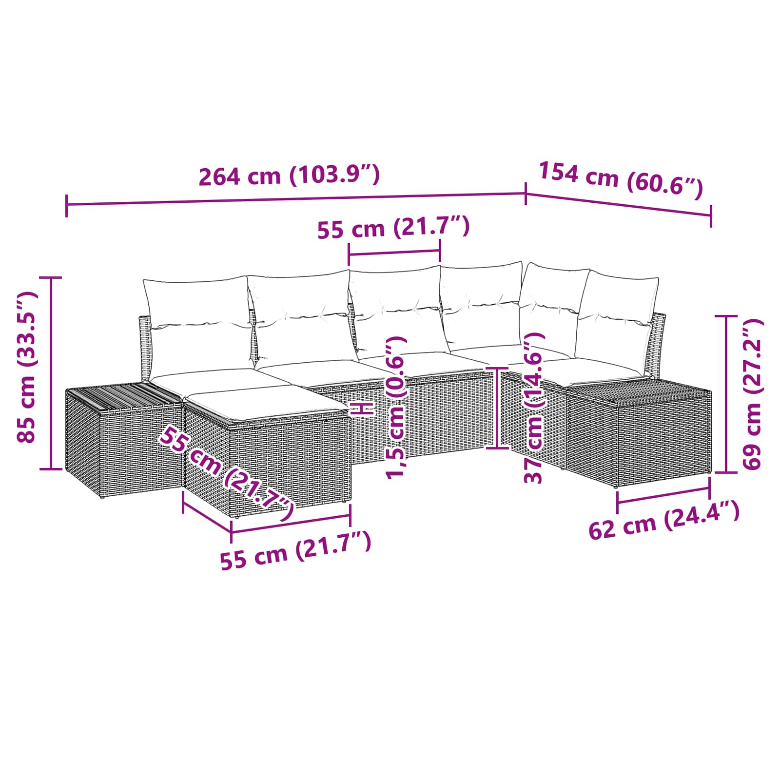 Ensemble de canapé de jardin 6 pcs Marron polyrotin