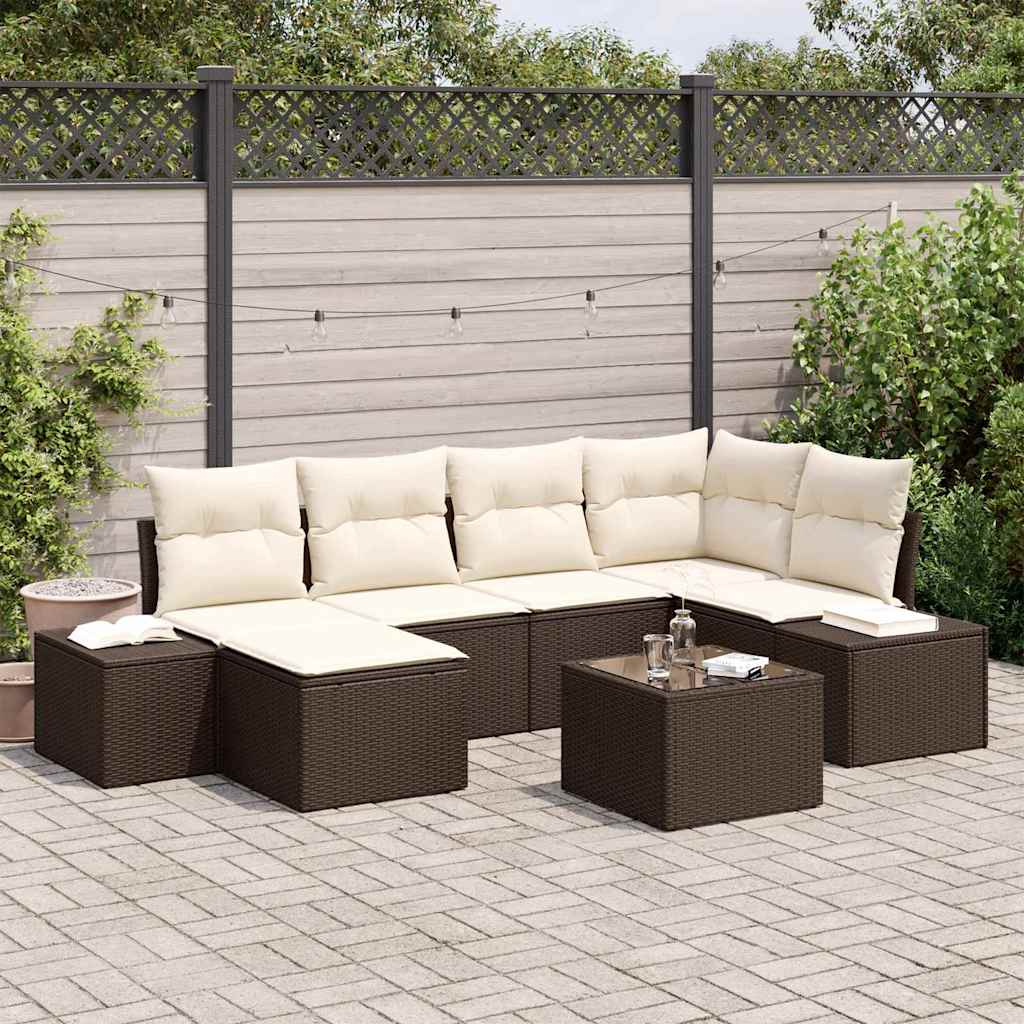 Ensemble de canapé de jardin 7 pcs Marron et Crème polyrotin