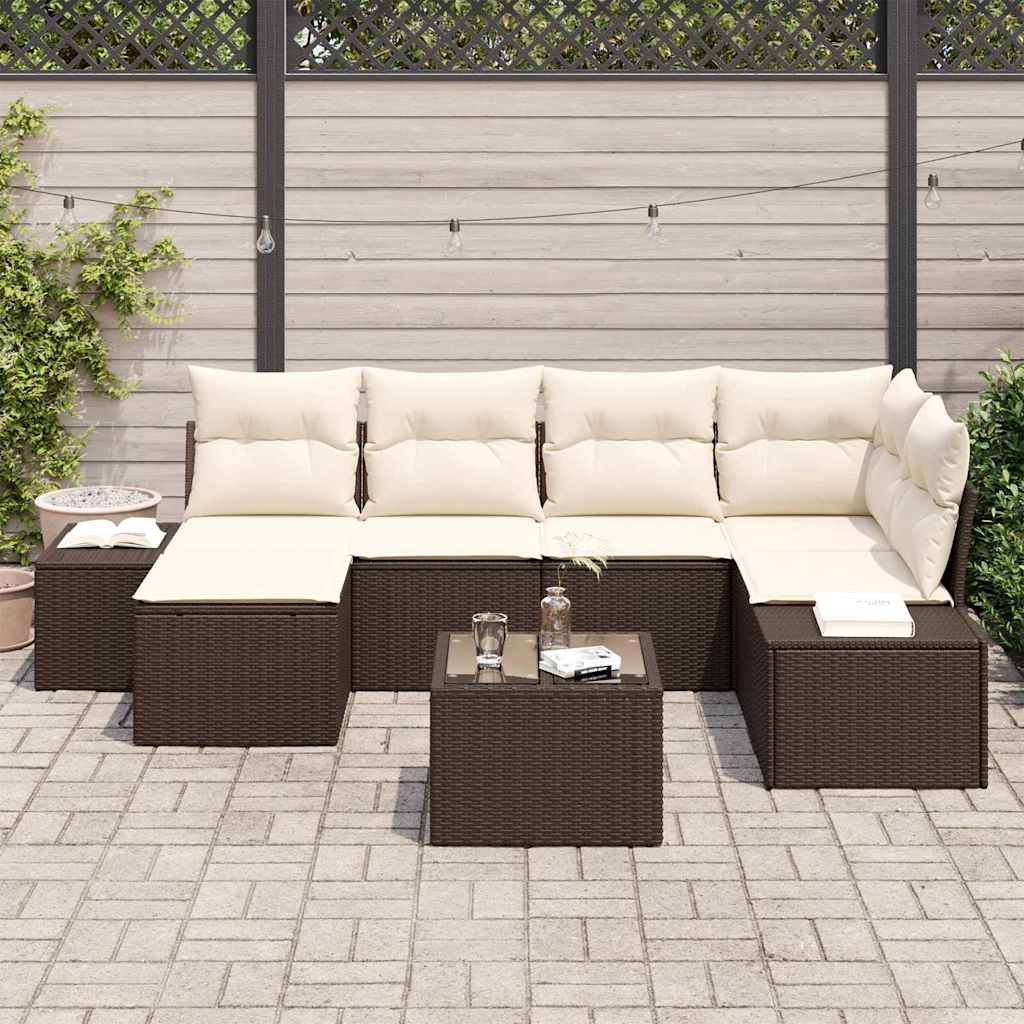 Ensemble de canapé de jardin 7 pcs Marron et Crème polyrotin