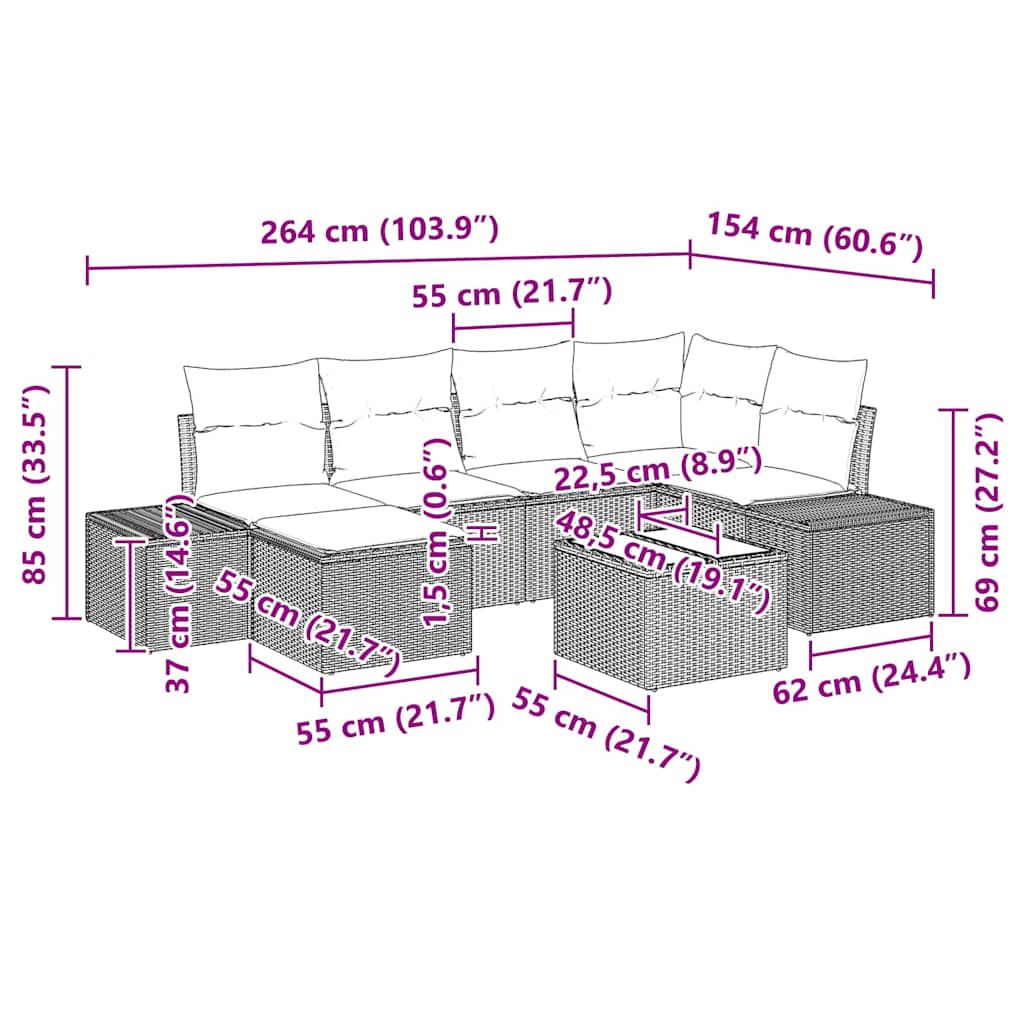 Ensemble de canapé de jardin 7 pcs Marron et Crème polyrotin