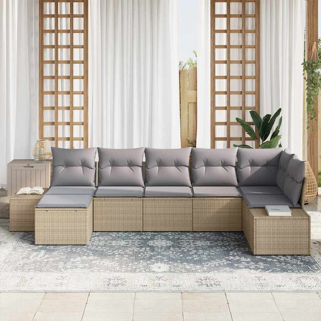 Ensemble de canapé de jardin avec coussin 7 pcs Beige polyrotin