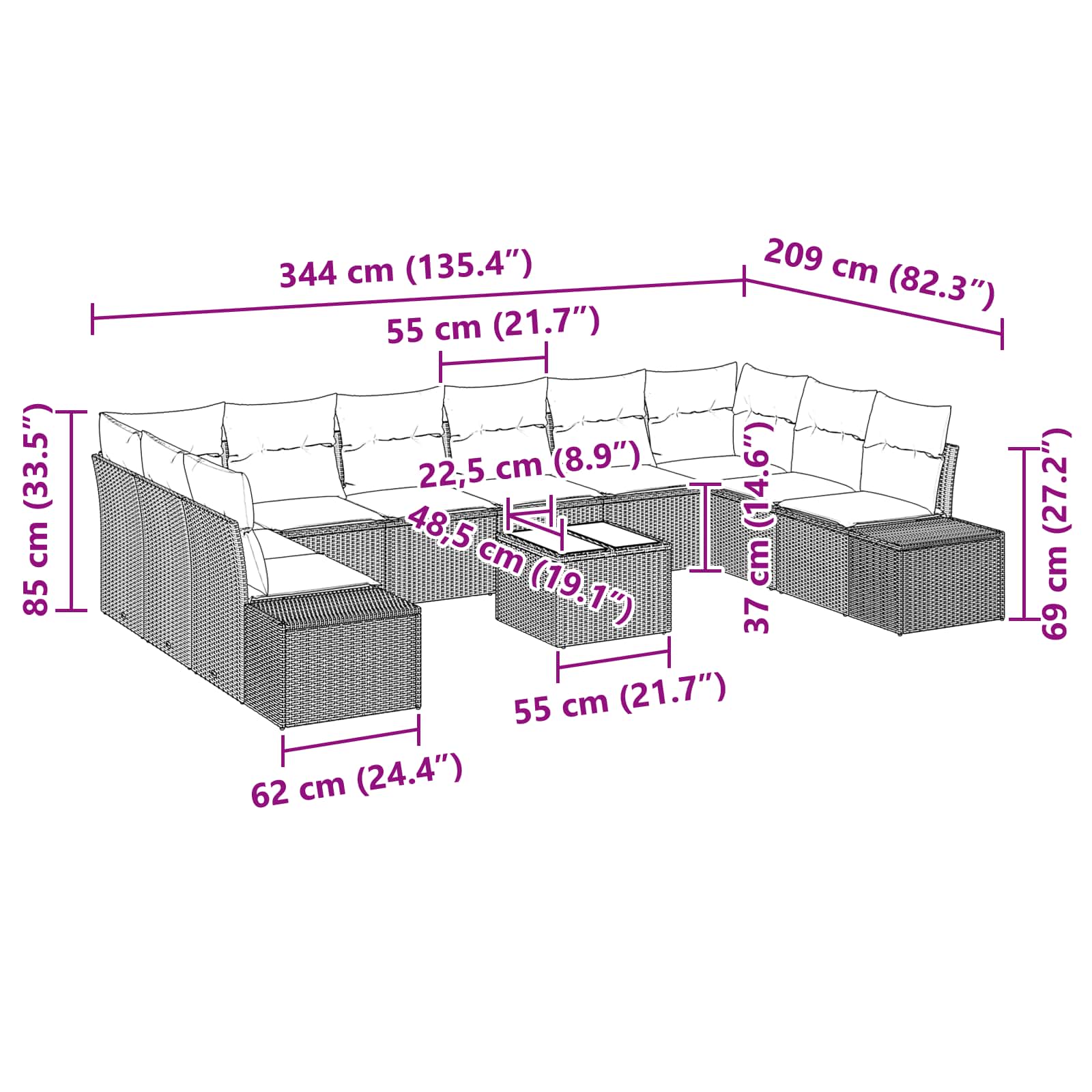 Ensemble de canapé de jardin 11 pcs Marron polyrotin
