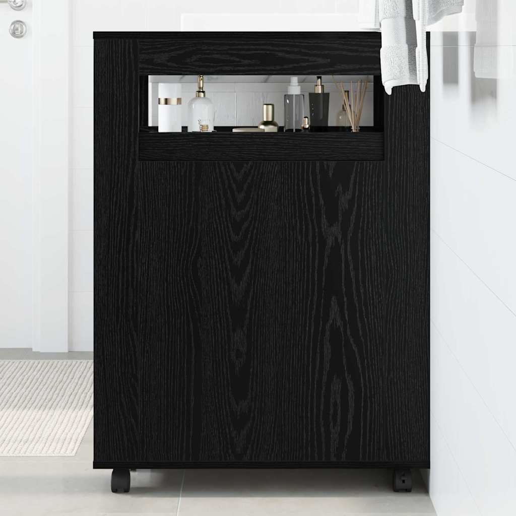 Cabinet de Salle de Bain Étroit Sur Roues Chêne Noir Bois d'Ingénierie