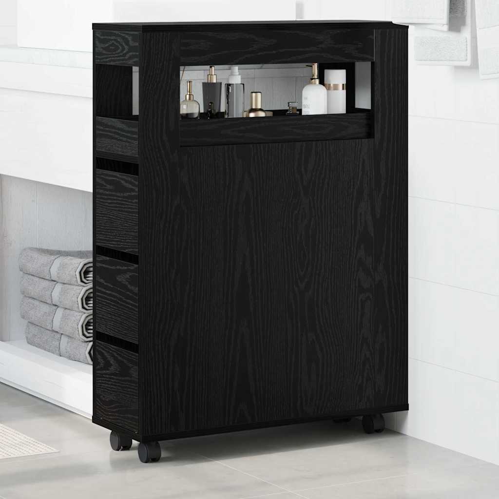 Cabinet de Salle de Bain Étroit Sur Roues Chêne Noir Bois d'Ingénierie