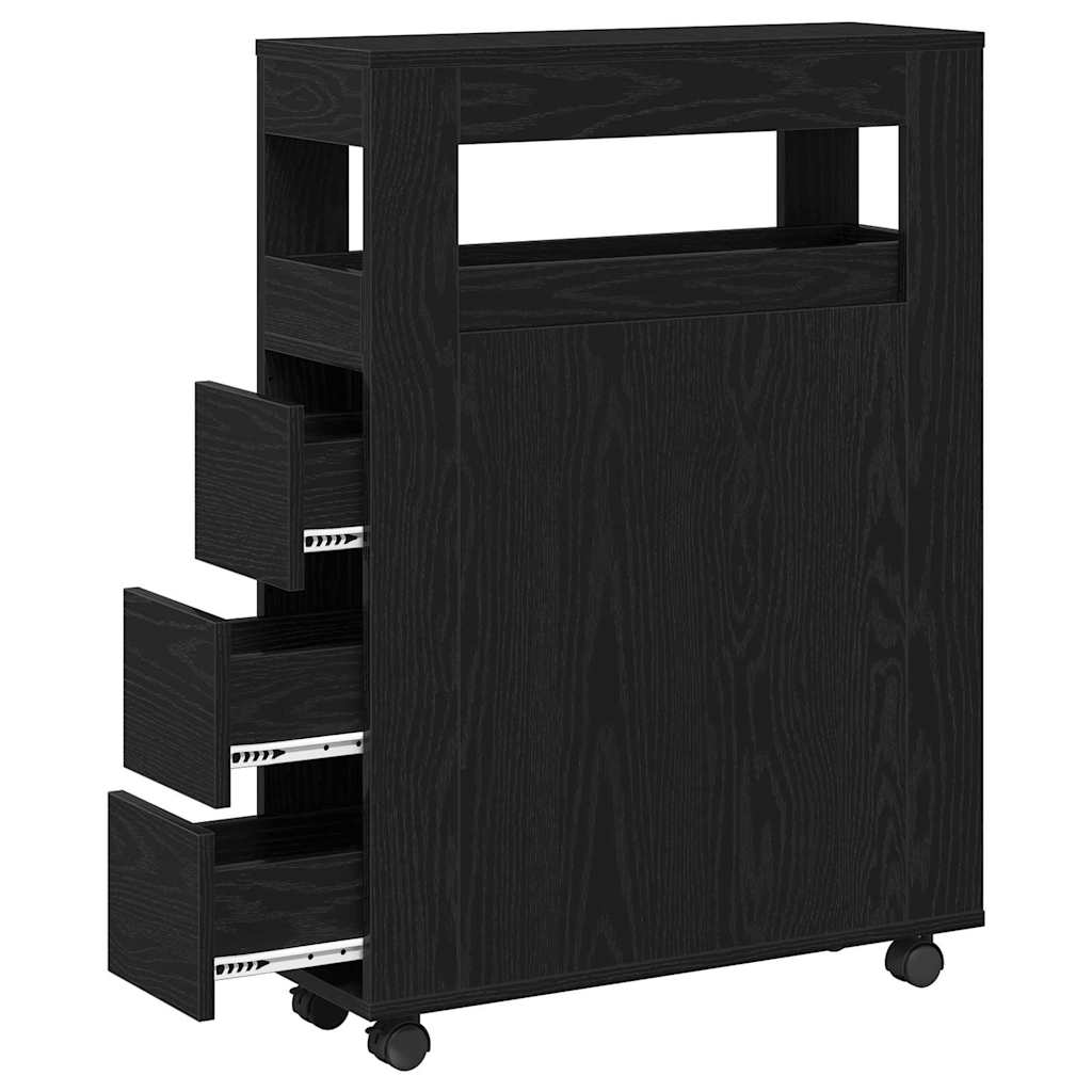 Cabinet de Salle de Bain Étroit Sur Roues Chêne Noir Bois d'Ingénierie