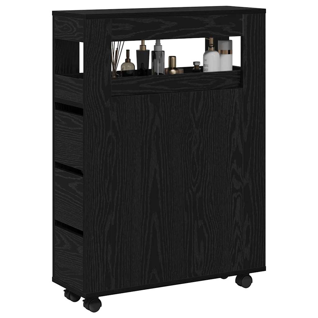 Cabinet de Salle de Bain Étroit Sur Roues Chêne Noir Bois d'Ingénierie