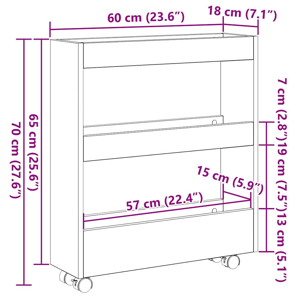 Chariot de Rangement Étroit Chêne noir 60 x 18 x 70 cm - XIOS