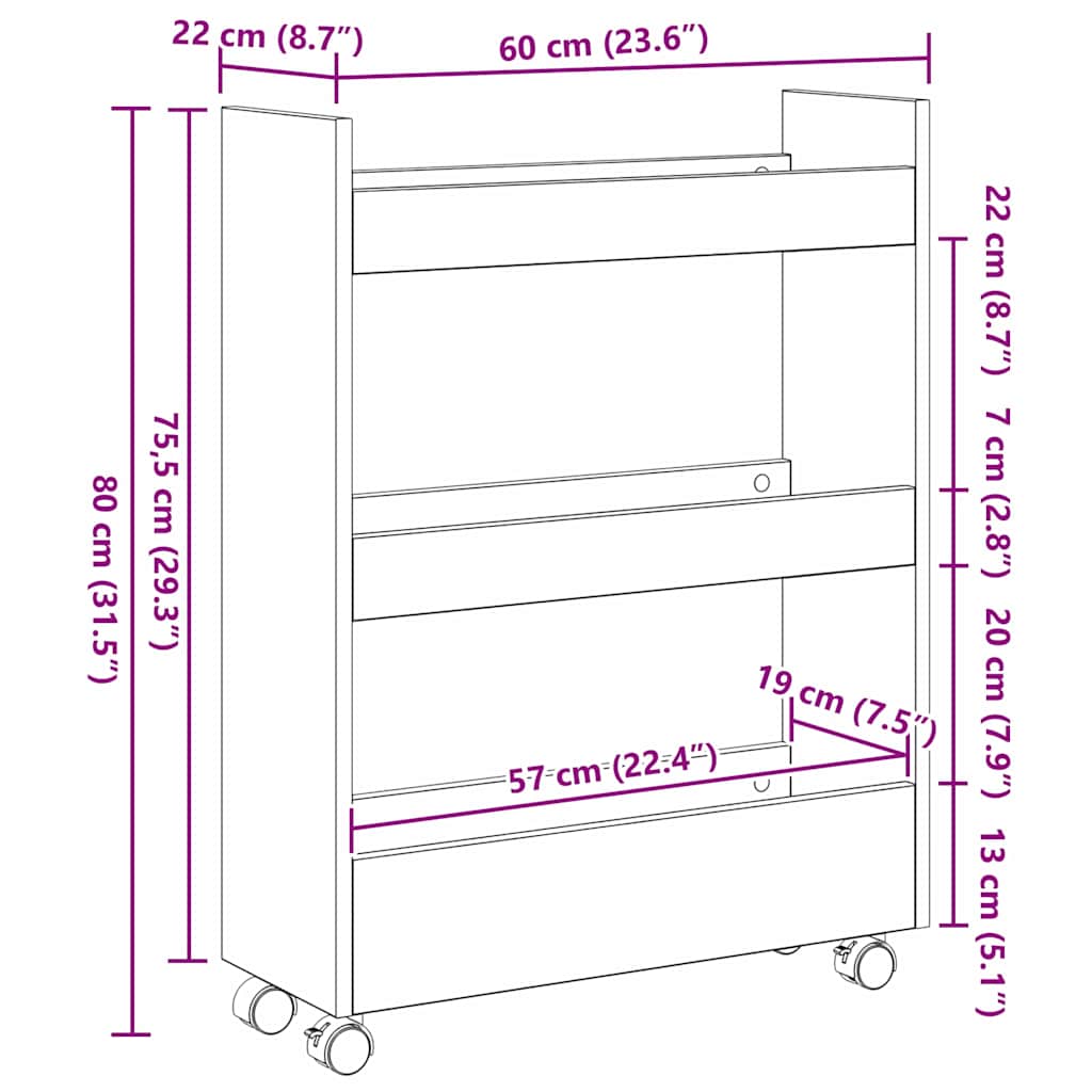 Chariot de Rangement Étroit Chêne noir 60 x 22 x 80 cm - XIOS