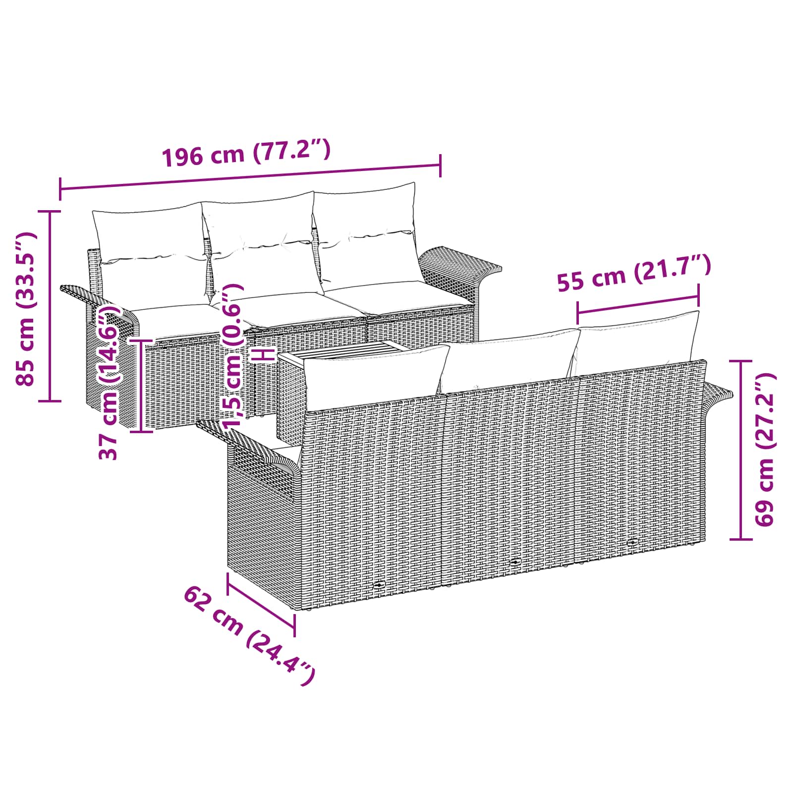 Ensemble de canapé de jardin avec coussin 7 pcs Gris polyrotin