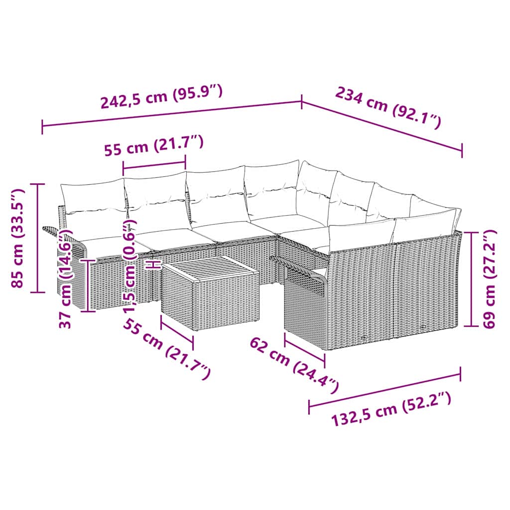 Ensemble de canapé de jardin avec coussin 9 pcs Noir polyrotin