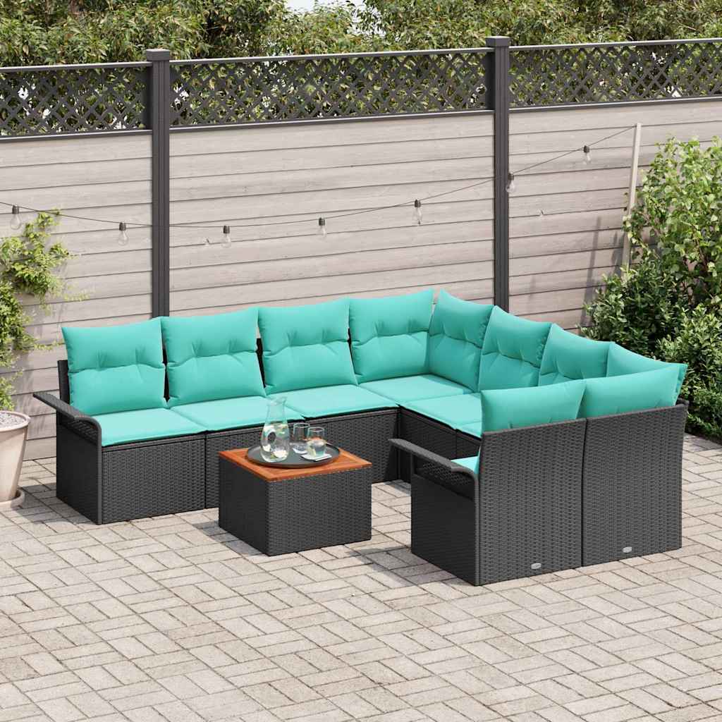 Ensemble de canapé de jardin avec coussin 9 pcs Noir polyrotin