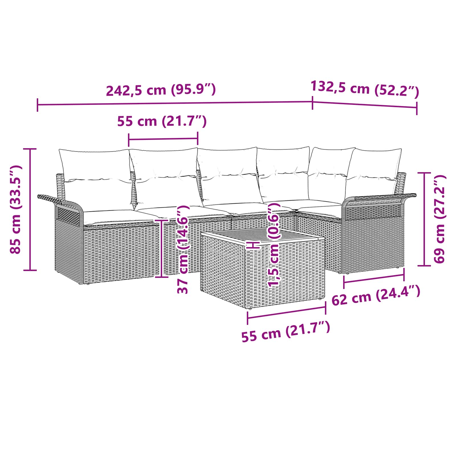 Ensemble de canapé de jardin avec coussin 6 pcs Noir polyrotin