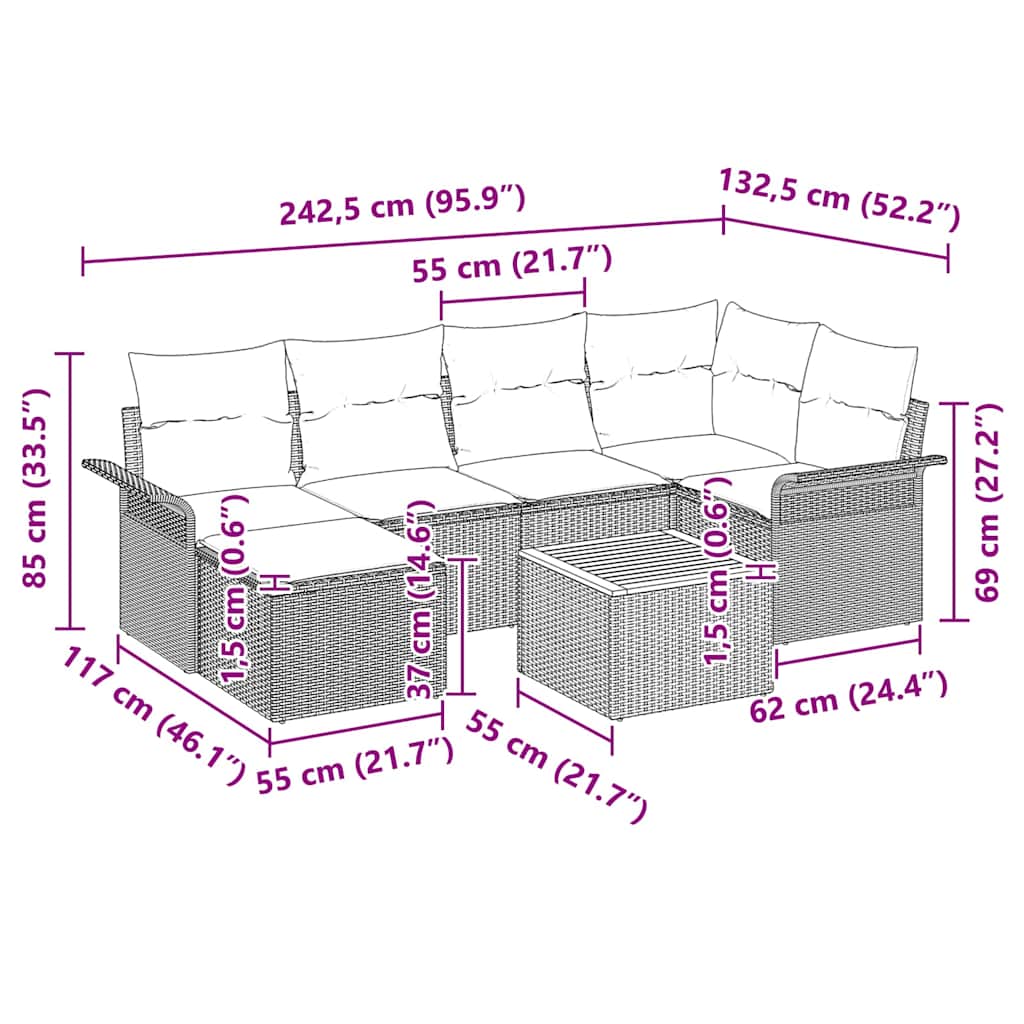 Ensemble de canapé de jardin avec coussin 7 pcs Beige polyrotin