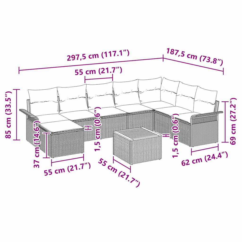 Ensemble de canapé de jardin avec coussin 9 pcs Noir polyrotin