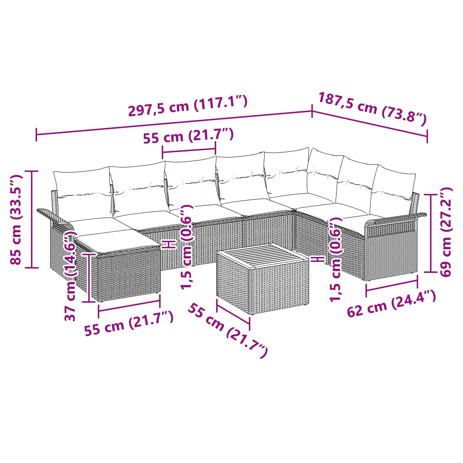 Ensemble de canapé de jardin avec coussin 9 pcs Gris polyrotin