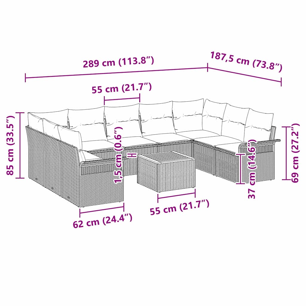 Ensemble de canapé de jardin avec coussin 10 pcs Gris polyrotin