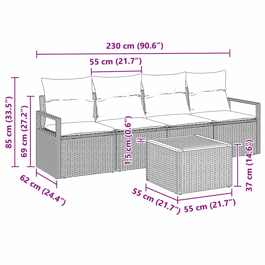 Ensemble de canapé de jardin avec coussin 5 pcs Beige polyrotin