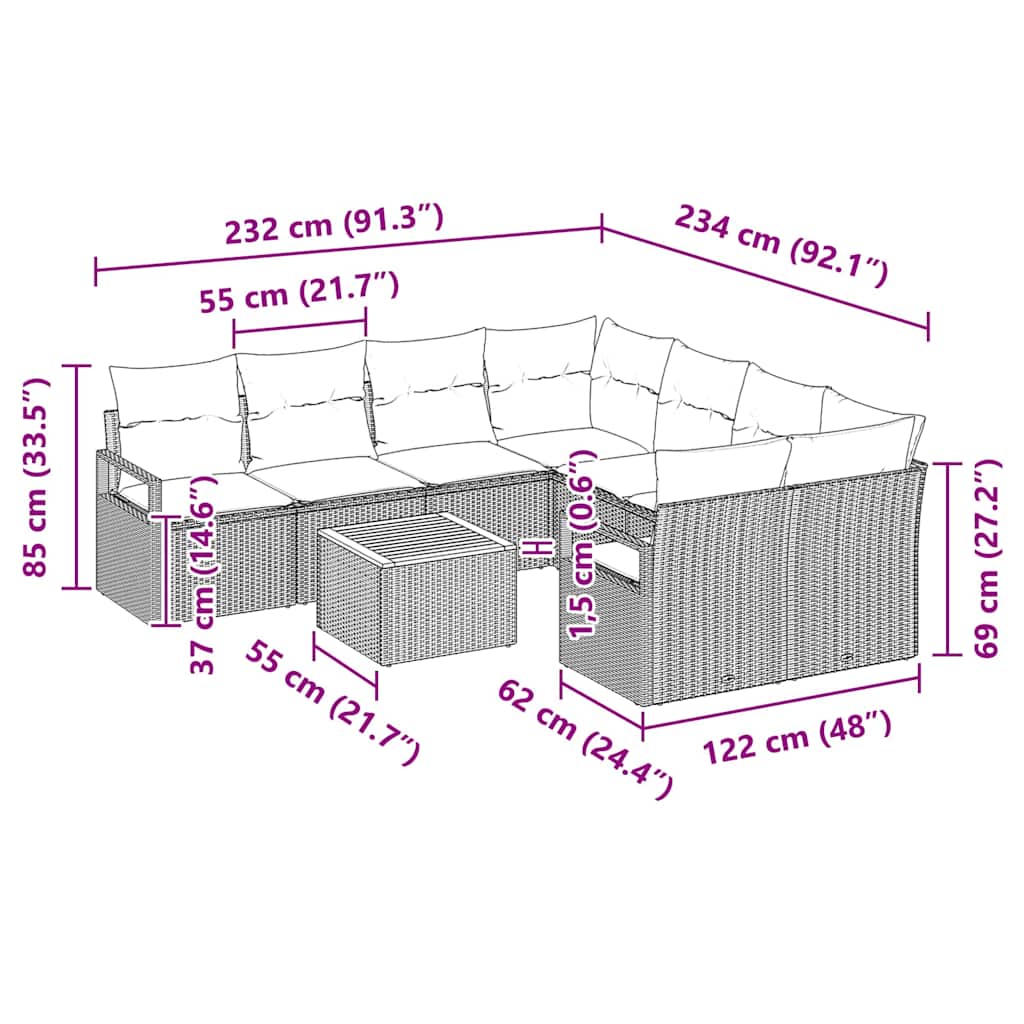 Ensemble de canapé de jardin avec coussin 9 pcs Beige polyrotin