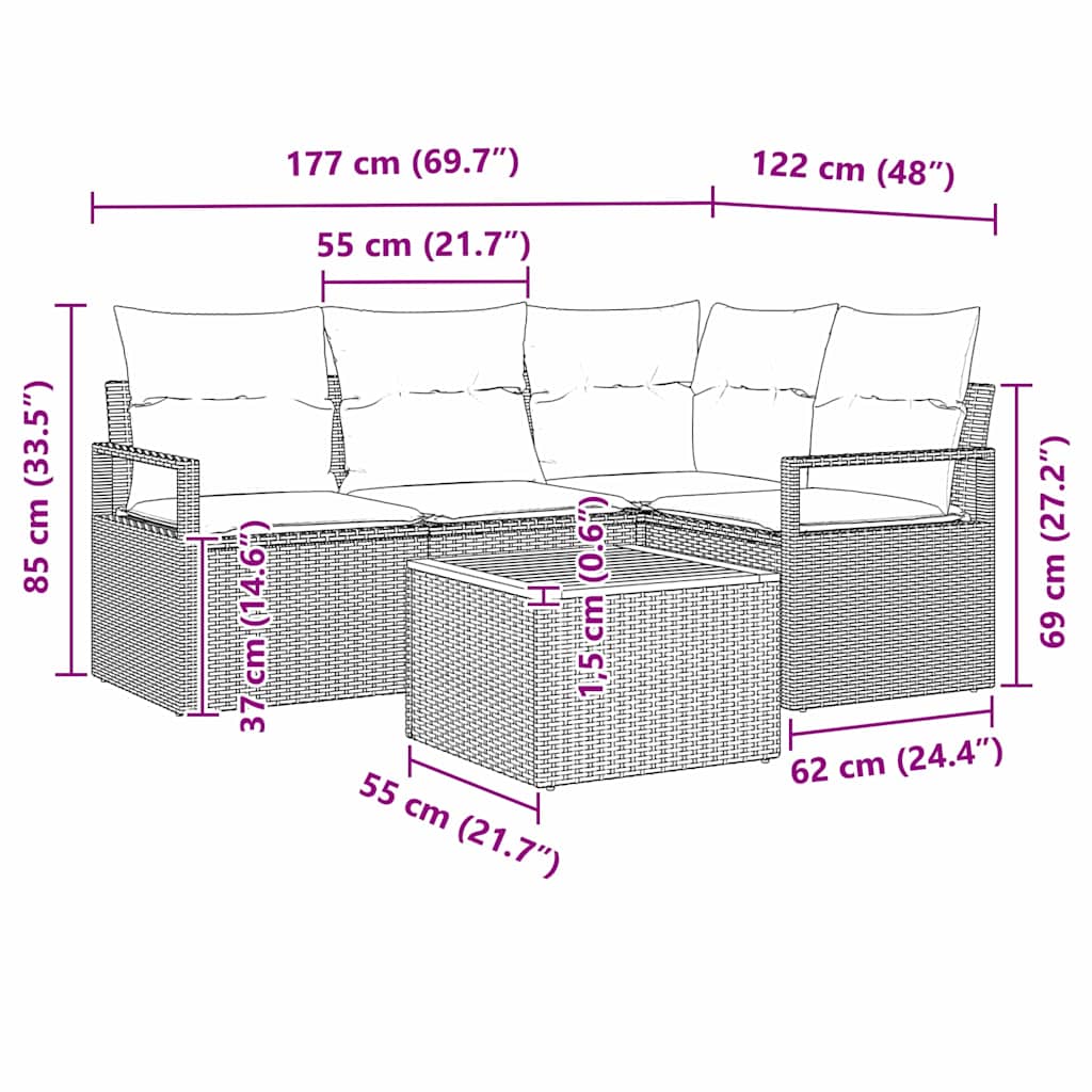 Ensemble de canapé de jardin avec coussin 5 pcs Beige polyrotin