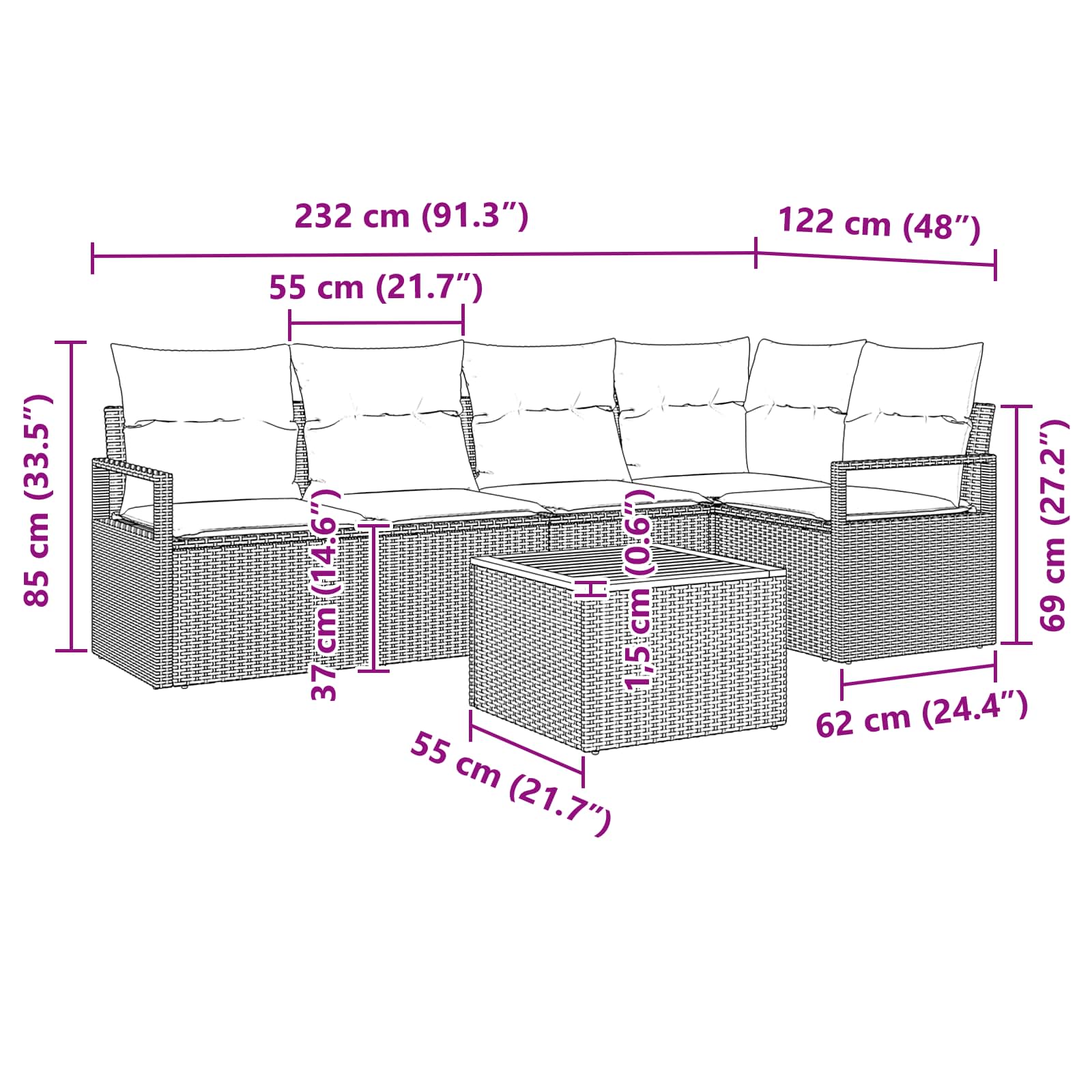 Ensemble de canapé de jardin avec coussin 6 pcs Noir polyrotin - XIOS
