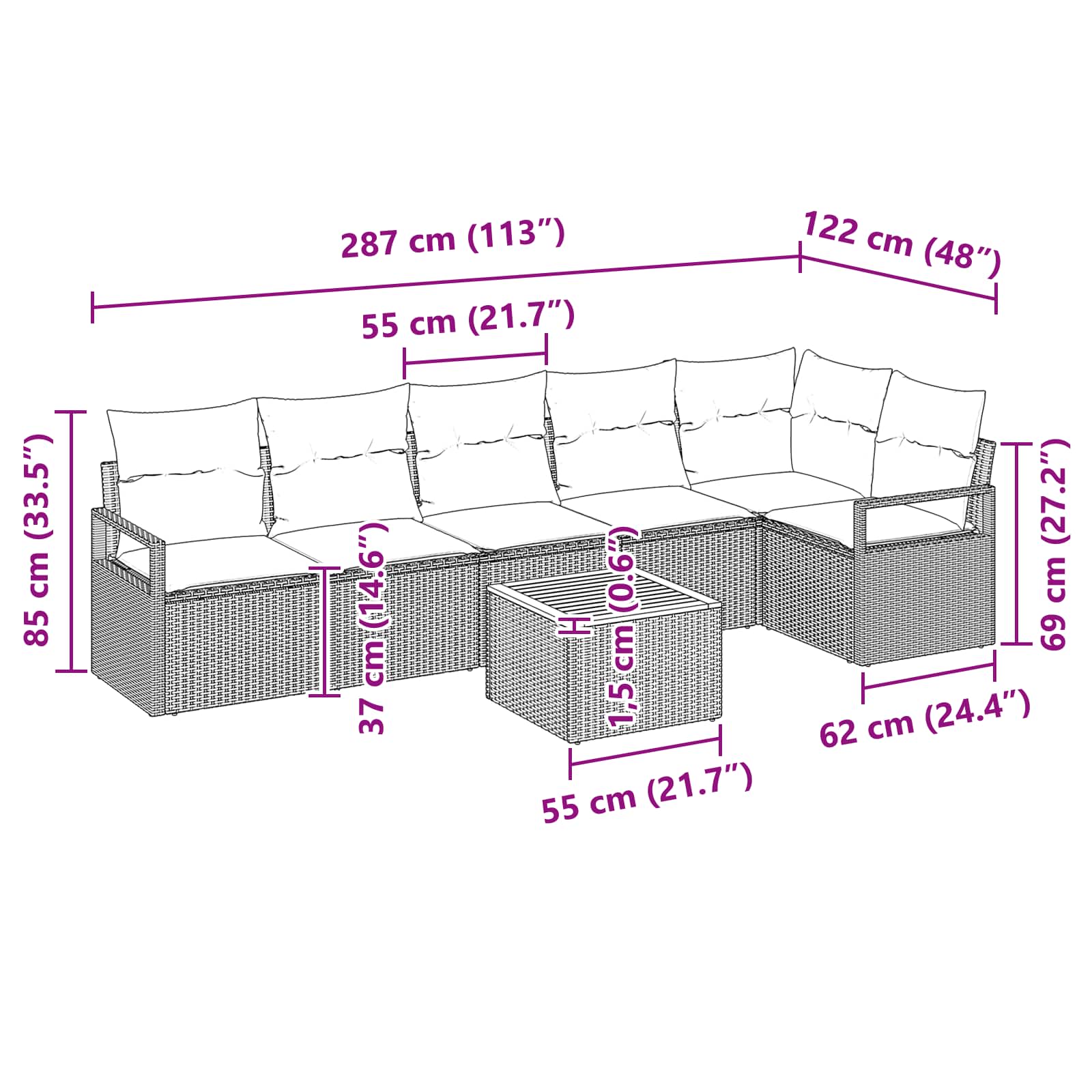 Ensemble de canapé de jardin avec coussin 7 pcs Noir polyrotin