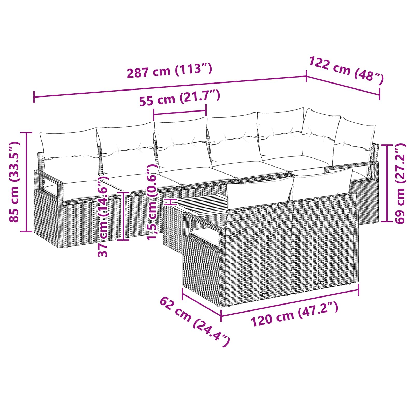 Ensemble de canapé de jardin avec coussin 9 pcs Gris polyrotin