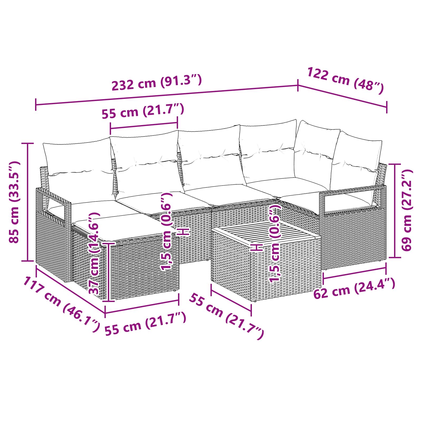Ensemble de canapé de jardin avec coussin 7 pcs Gris polyrotin