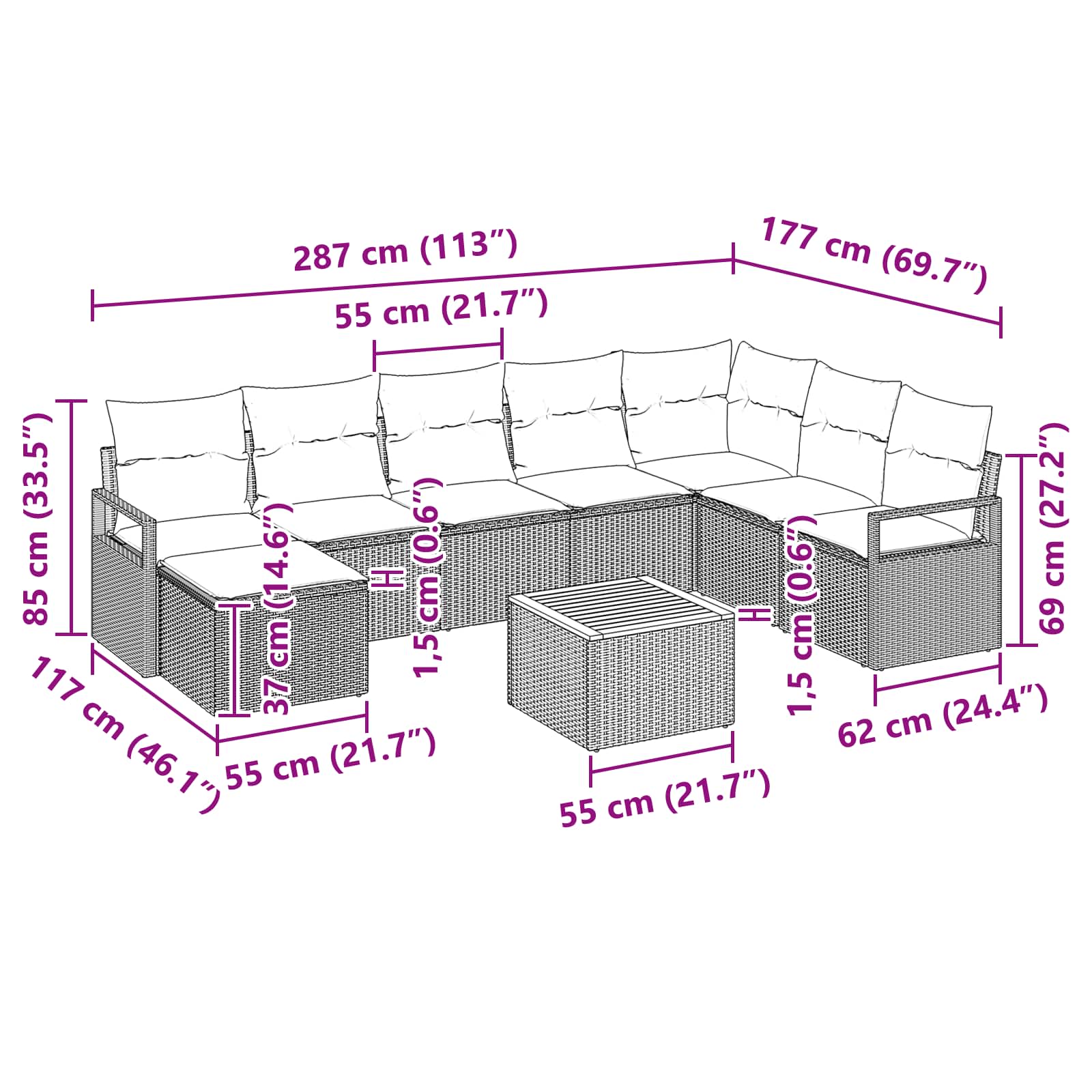 Ensemble de canapé de jardin avec coussin 9 pcs Gris polyrotin