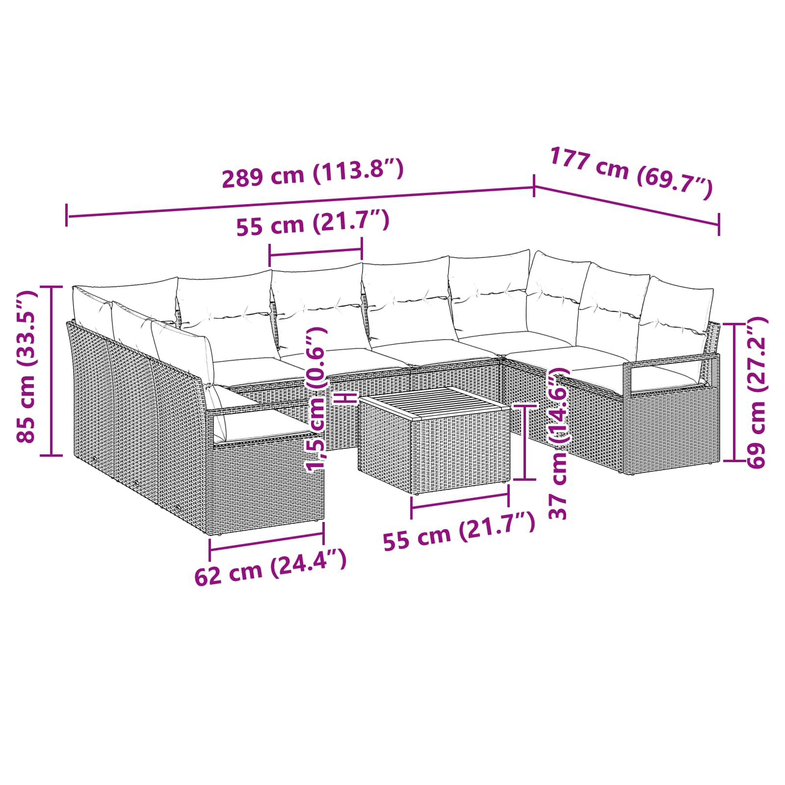 Ensemble de canapé de jardin avec coussin 10 pcs Gris polyrotin