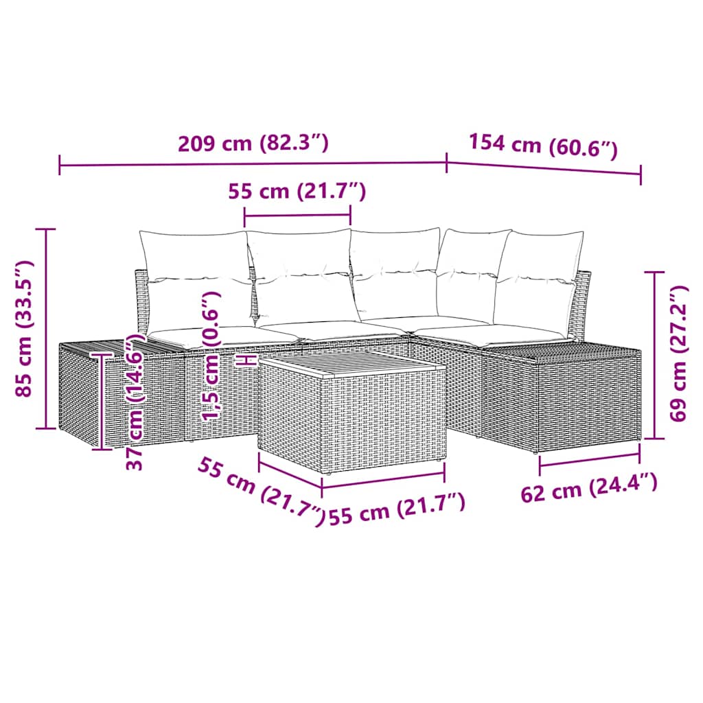 Ensemble de canapé de jardin avec coussin 5 pcs Noir polyrotin