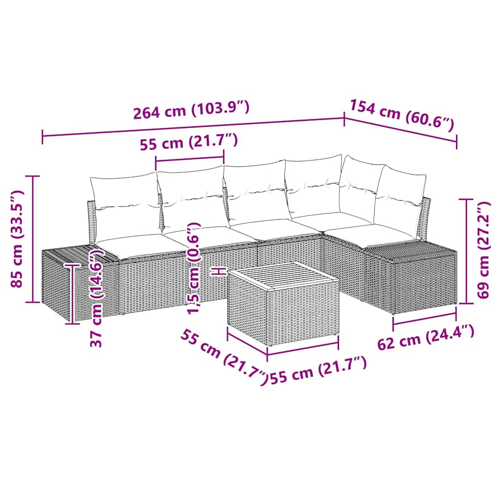 Ensemble de canapé de jardin 6 pc Noir polyrotin