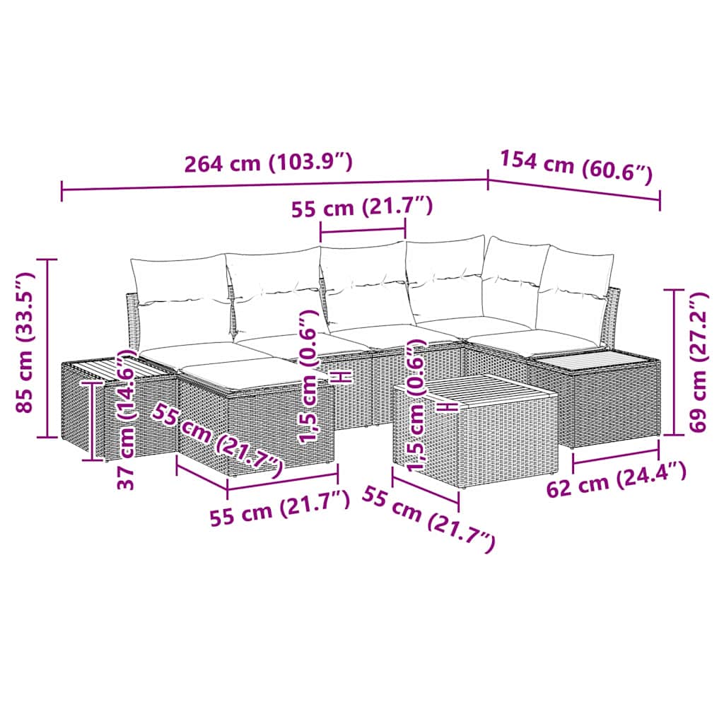 Ensemble de canapé de jardin avec coussin 7 pcs Beige polyrotin