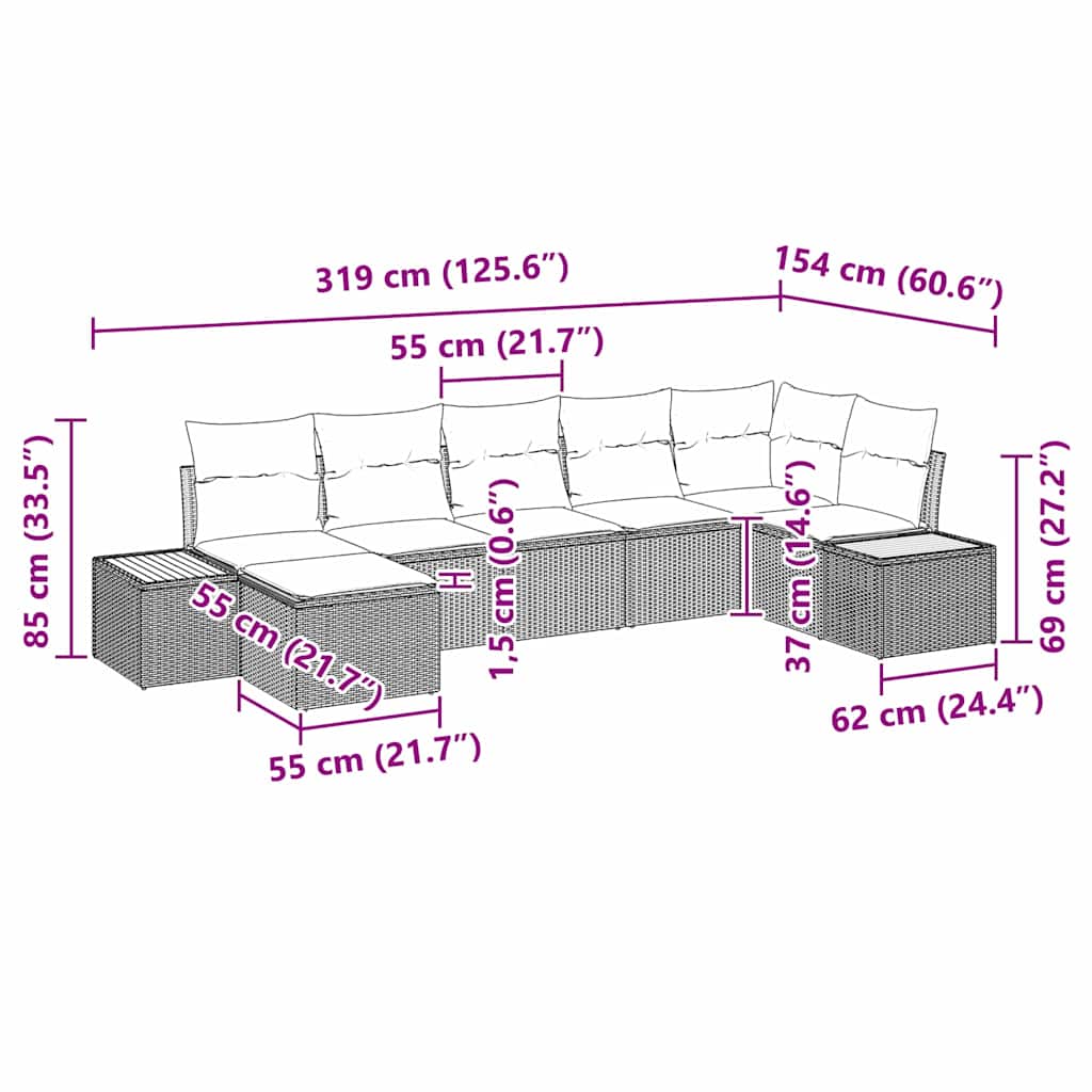 Ensemble de canapé de jardin avec coussin 7 pcs Beige polyrotin