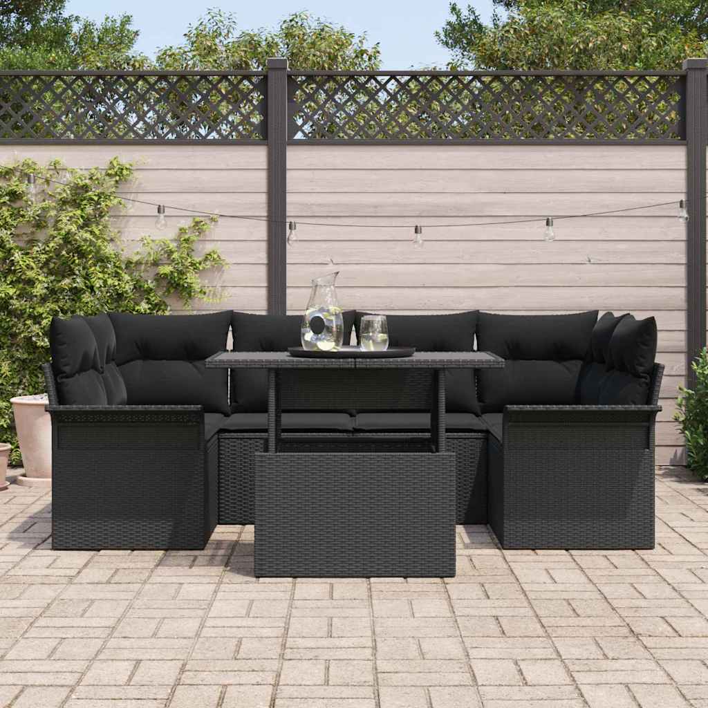 Ensemble de canapé de jardin avec coussin 7 pcs Noir Poly rotin