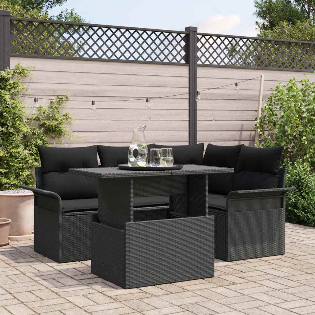 Ensemble de canapé de jardin avec coussin 5 pcs Noir Poly rotin