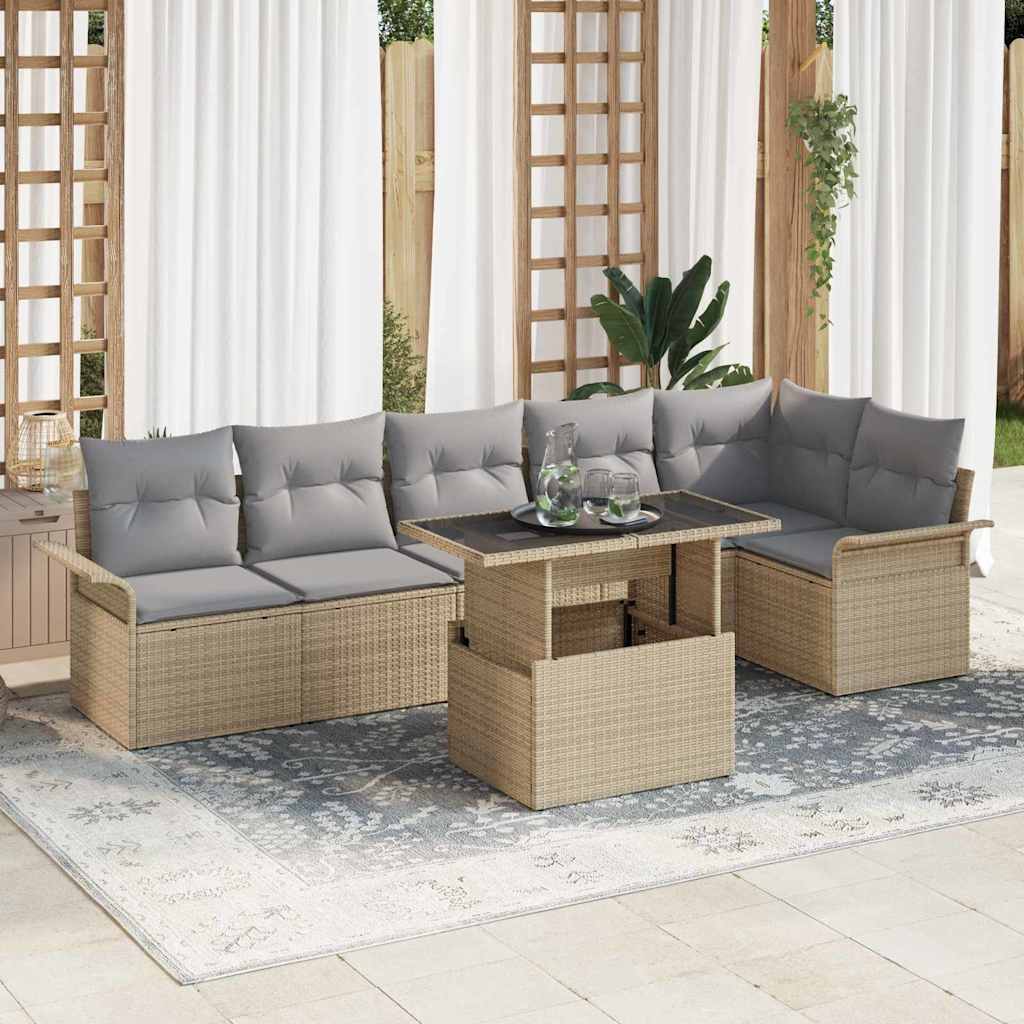 Ensemble de canapé de jardin avec coussin 7 pcs Beige polyrotin